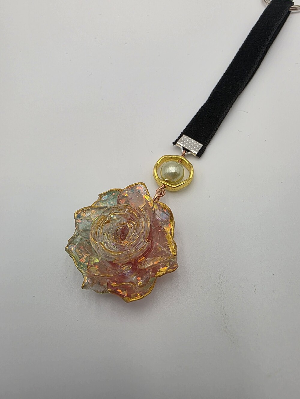 Black Strap Keychain with Green & Pink Iridescent Rose Charm Handmade Accessory - Picture 4 of 5